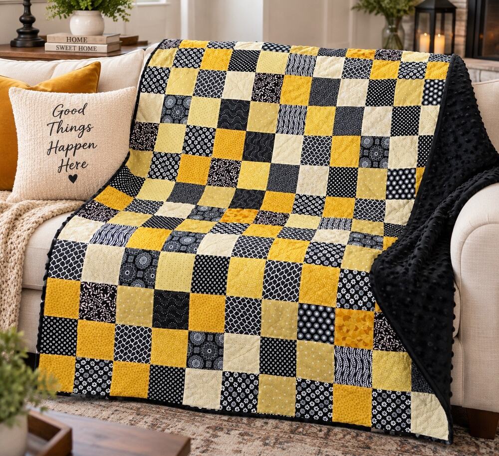 Handmade Black Yellow White Patchwork Quilt Throw Soft Minky Backing 60x47